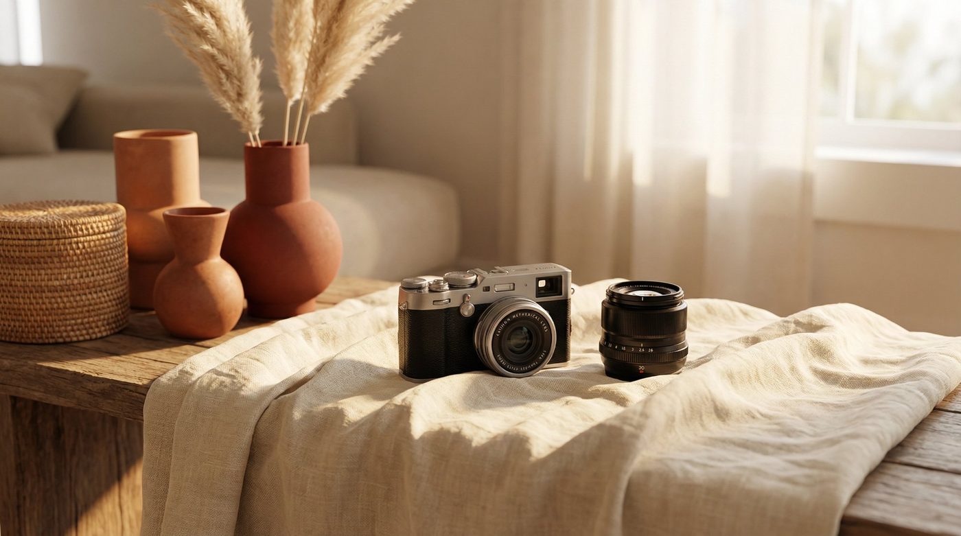 Camera and lens on warm linen with terracotta props